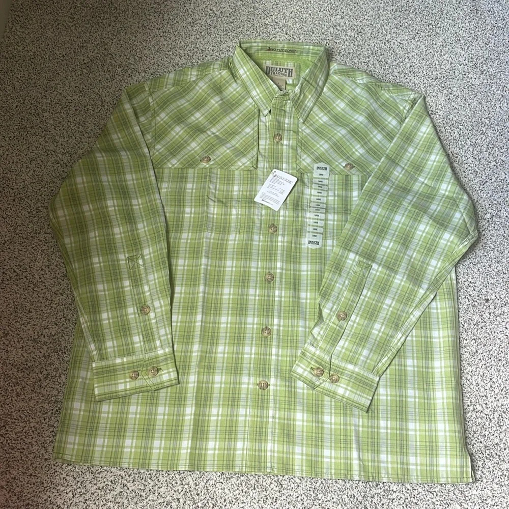 Men’s Duluth Trading Co “No Fly Zone” Long Sleeve Button Down Size L Lime Green